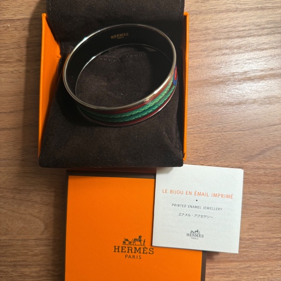 Hermès Printed Enamel Wide Bangle Bracelet | Blue Green Rope Design | Palladium - Picture 2 of 5